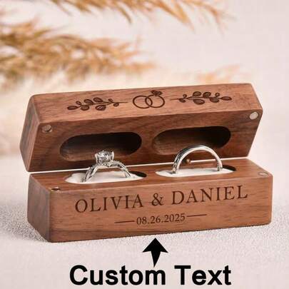 1 pieza Caja de anillo de nogal con nombre tallado a medida, diseño de hebilla magnética, patrón floral elegante, nombre y fecha tallados, caja de joyería de madera, adecuada para bodas, aniversarios, San Valentín, regalos para damas de honor, cajas de joyería