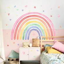 Calcomanías de pared de arcoíris de 42" x 26" para guardería de niñas despegar y pegar arcoíris de acuarela con corazones y estrellas mural de pared de vinilo para dormitorio sala de juegos y aula - Multicolor - Ver 6