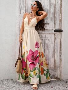 Women's Casual Vacation Dress, With Print And Backless Design, Elegant And Stylish, Halter Neck Style With A Full Skirt. - 杏色 - 查看 3