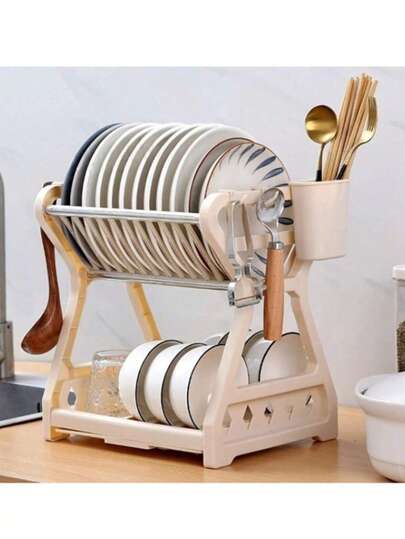 1 pieza Estante de almacenamiento de cocina, Escurridor de cubiertos, Organizador de gabinete de platos, Sostiene tazones/palillos/platos/cuchillos, Escurridor de platos de doble capa