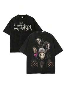 Camiseta de Terror The Legion - Algodón Lavado, Prenda Superior Masculina, Estampados Urbanos Suaves para Hombre, Estilo Casual Clásico de Gaming y Cosplay - Negro - Ver 2