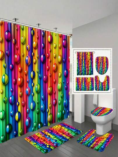 1/4pcs Rainbow Bubble Colorful Abstract Art Shower Curtain Set, High-End Elegant Bathroom Curtain, Bathroom Decor Pattern - Waterproof Polyester Shower Curtain, Non-Slip Bathroom Mat, U-Shaped Carpet, Toilet Lid Cover With 12 Hooks - Modern Style, Suitable For Home Decor, Bathroom Decor And Accessories, Easy To Clean And Maintain, Exquisite Housewarming Gift - Fit For All Seasons
