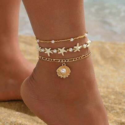 3pcs/Set Vacation Ocean Style Starfish Faux Pearl CCB Seed Bead Chain Anklet, Fashionable Alloy Shell Decor Foot Jewelry For Women, Suitable For Daily Wear, Beach Party, Date, Travel