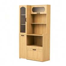Highboard With Adjustable Shelves And Drawers, Kitchen Cabinet With Pull-Out Shelves And Ribbed Glass, Ideal For Dining Room, Living Room And Kitchen (Natural) - Khaki - View 7