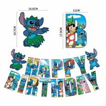 卡通沙滩史迪奇主题悬挂旗帜背景套装，家居装饰，生日派对用品 - 彩色 - 查看 9