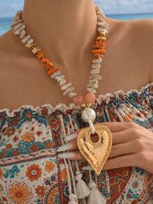 1pc Boho Beaded Statement Necklace For Women Colorful Stone Pearl Heart Pendant Beach Vacation Jewelry - Gold - View 2