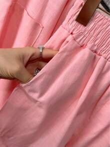 Linen Shirt And Shorts Set (2 Pieces), Lined With Elastic. - merah muda terang - View 4