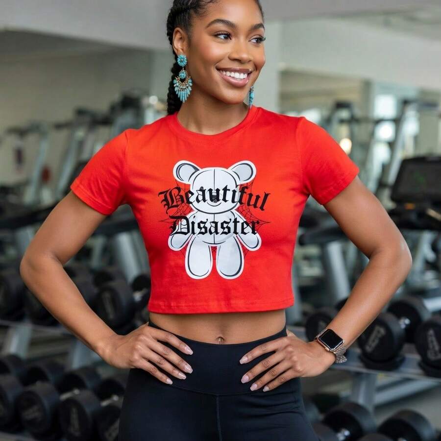 Crop Top Beautiful Disaster Graphic Tee 100% Polyester Comfort Fit - Red - View 1