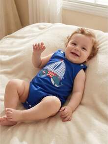 Baby Unisex Clothes Newborn Summer Clothes Shark/Crab/Sailboat Embroidery Sleeveless Bubble Romper Newborn Infant Outfit 0 3 6 9 12 18 Months, Adorable Beach Themed Outfit - 海軍藍色 - 查看 1