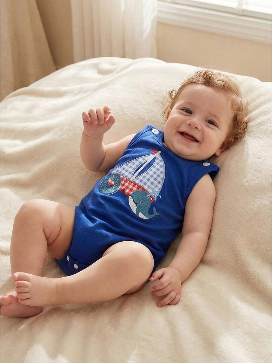 Baby Unisex Clothes Newborn Summer Clothes Shark/Crab/Sailboat Embroidery Sleeveless Bubble Romper Newborn Infant Outfit 0 3 6 9 12 18 Months, Adorable Beach Themed Outfit - 海軍藍色 - 查看 1