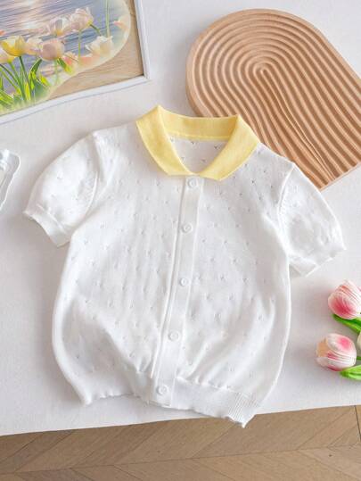 Camisa polo de niña con cuello hueco de color block, de manga corta, ligera, con falsos botones de punto, adecuada para uso casual diario, primavera/verano/otoño