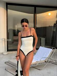 Elegant Women's Spaghetti Strap One-Piece Swimsuit, Contrast Color Trim High-Waisted Design, Medium Stretch Fabric Vacation Beach Summer - Black and White - View 3