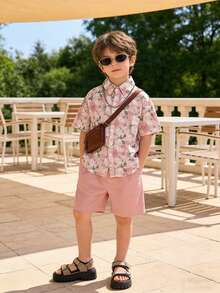 Bộ áo sơ mi và quần short in hoa hồng thanh lịch dành cho bé trai. - Hồng - Xem 5