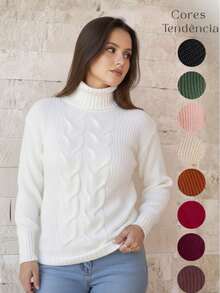 Women's Cold Weather Sweater Turtleneck Wool Puff Sleeve Knitted Knit Braids - 白色 - 查看 5