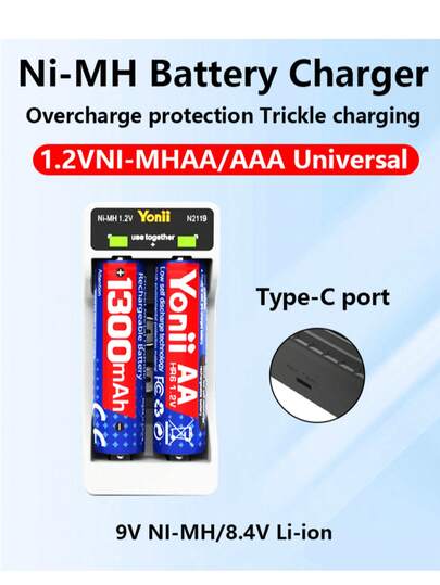 2-Slot 1.2V Ni-MH AA, AAA/9V Ni-MH/8.4V Li-Ion Rechargeable Battery Charger, Automatically Turns Green Light When Fully Charged, Charges 2 Batteries Simultaneously, Available In 2 Colors (Black, White)