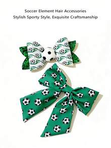 2-teiliges 2026 Fußball-WM Haaraccessoire-Set, grüner Fußball-Muster Satinschleife und Glitzer-Pailletten-Schleife Haarclip, sportlicher rutschfester Haarschmuck für Frauen und Mädchen für den Spieltag - Grün - Übersicht 6