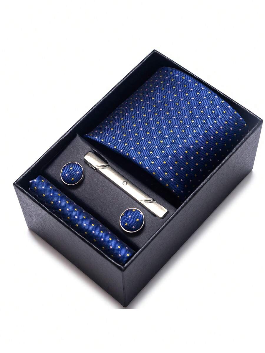AlanKing 1 Set Dasi, Sapu Tangan Saku, Manset, Kotak Hadiah, Dasi Pria Motif Bunga Biru 7,5cm, Cocok untuk Festival, Pernikahan, dan Kerja - HB218 - View 1