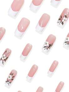 24pcs Medium-Long Ballet Shaped Fake Nails, French Floral Pattern Adhesive Nail Tips, Removable & Reusable, Suitable For Party, Ball, And Daily Wear - Multicolor - View 2