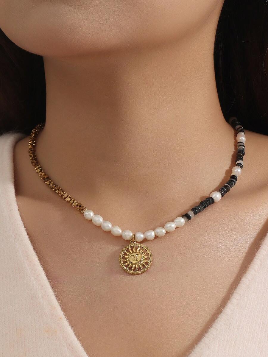 1 chiếc vòng cổ mặt dây chuyền hình mặt trời phong cách cổ điển, đính hạt, dây chuyền ngọc trai tự nhiên và vỏ sò đen cao cấp dành cho nữ, đa năng cho chuyến đi biển và đeo hàng ngày. - Nhiều màu - Xem 1