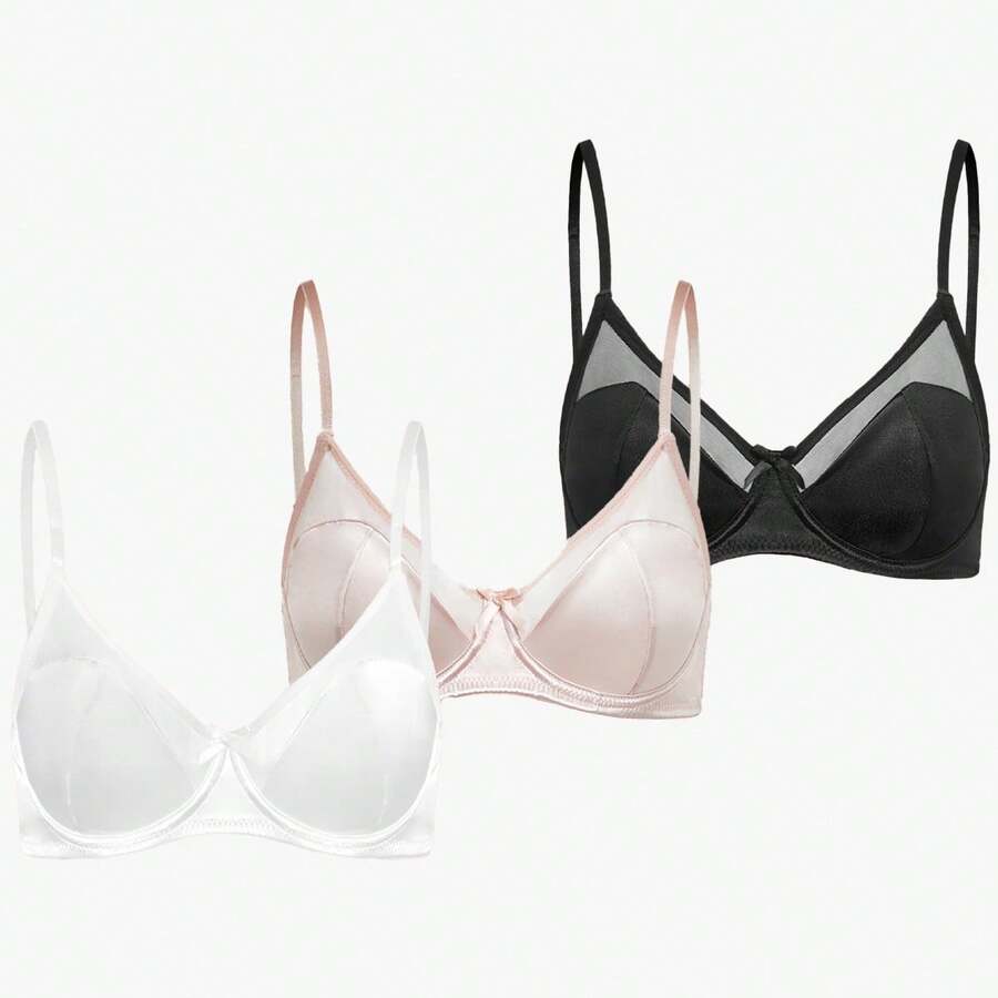 Bisouelle 3pcs/Set Women Solid Color Satin Bow Underwire Bra Comfortable Lingerie - Multicolor - View 1