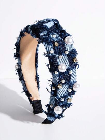 1 pieza Diadema de tela de mezclilla con nudo, adornada con cristales, perlas y flecos en un estilo exagerado de hip-hop, adecuada para que las mujeres la usen en vacaciones
