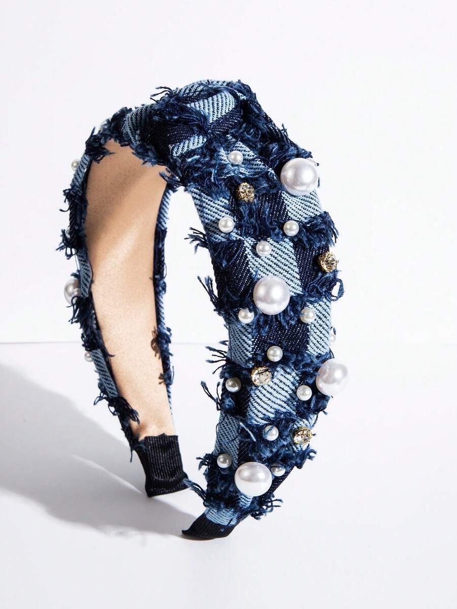 1 chiếc băng đô kiểu hip-hop phóng khoáng, đính đá, ngọc trai và tua rua, làm từ vải denim, thích hợp cho phụ nữ đeo khi đi nghỉ mát. - Màu xanh hải quân - Xem 1