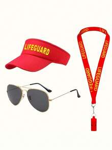 1 Set Summer Lifeguard Costume For Swimming, Surfing, Beach Party, Including Hat And Whistle,Holiday - Red - View 4