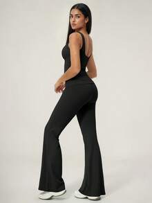 TimeOff 1 Set Women's Solid Color V-Neck Backless Removable Padded Camisole And Flared Leg Pants Sports Suit - Black - View 3