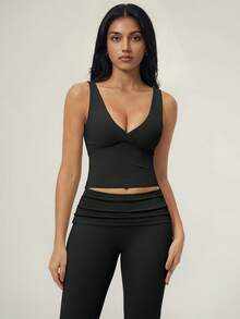 TimeOff 1 Set Women's Solid Color V-Neck Backless Removable Padded Camisole And Flared Leg Pants Sports Suit - Black - View 10