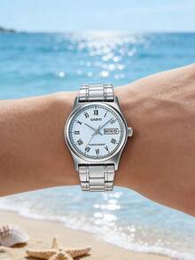 Casio 女款優雅石英腕錶 銀色不鏽鋼 白色錶盤 羅馬數字 日期顯示 類比正裝錶 經典永恆風格 送女友、媽媽的生日情人節早午餐派對辦公日常時尚禮物 - 藍色 - 查看 3