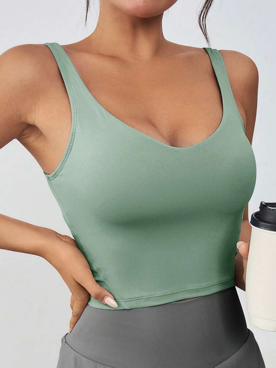1 chiếc áo ba lỗ thể thao bó sát không tay bằng nylon dành cho nữ có đệm có thể tháo rời, dáng ôm, mùa xuân/hè - màu xanh lá - Xem 1