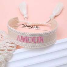 1 pieza Brazalete vintage hecho a mano con bordado francés "AMOUR" y trenzado creativo, adecuado para parejas, regalo para ocasiones especiales - Beis - Ver 7
