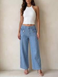 Straight-Leg Jeans With Button Pockets For A Refined Touch, Non-Stretch Long Pants With A Relaxed, Minimalist Daily Silhouette. - Light Wash - View 3