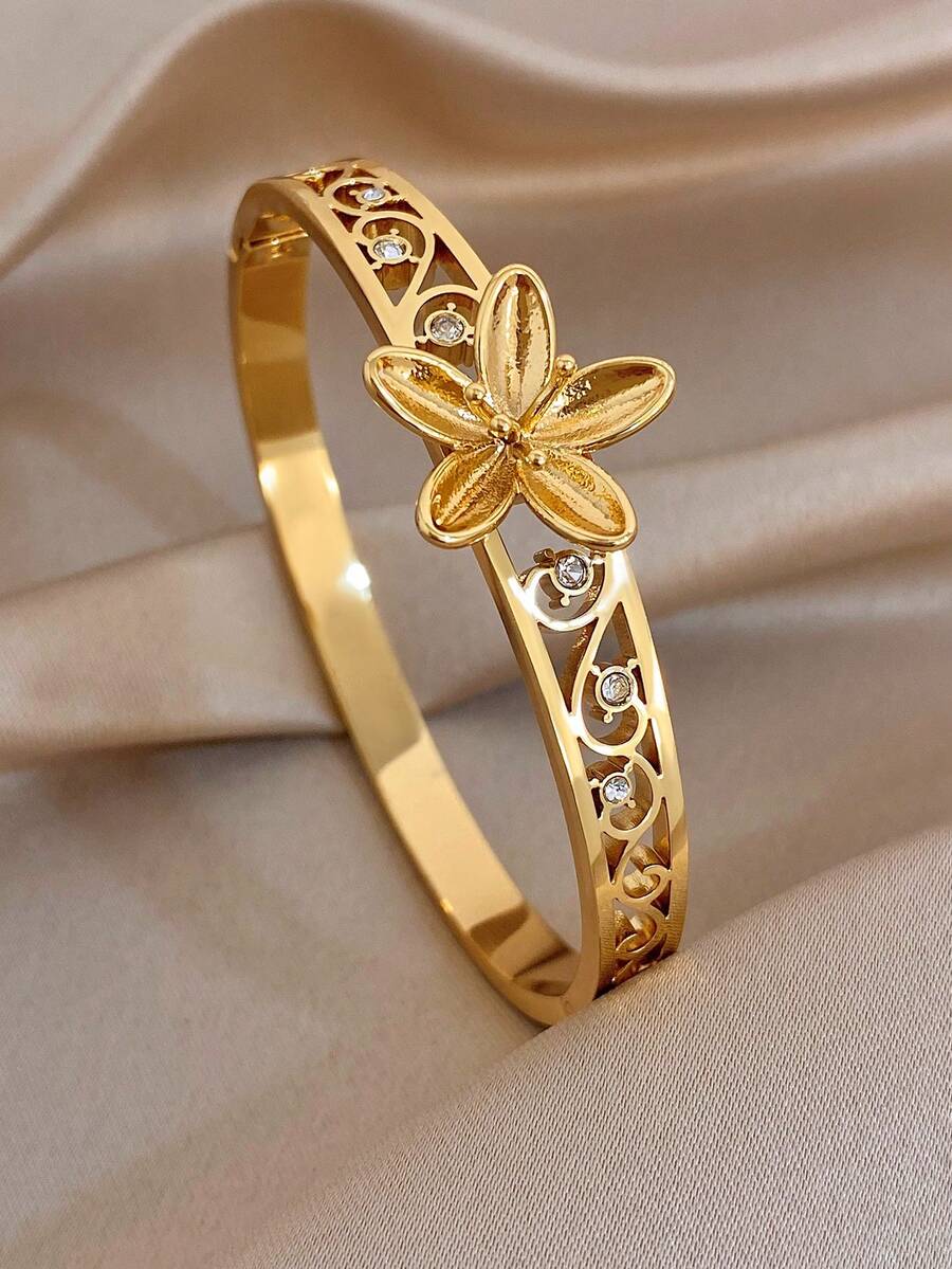 1pc Vintage Flower Link Bangle Bracelet For Women Hollow Stainless Steel Golden Bangle Bracelet For Daily Party Mother Day Valentine Wedding Music Festival Christmas Jewelry Gifts - Multicolor - View 1