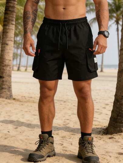男士夏季工装运动短裤（一件装）——弹性抽绳腰带，带橙色点缀的拉链口袋，适合徒步、健身和训练