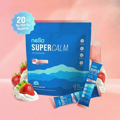 Nello SuperCalm Calming Powder, Sugar-Free Stress Relief Drink Mix, 20 Single-Serve Packets, Supports Relaxation, Focus & Mood, Strawberries & Cream Flavor