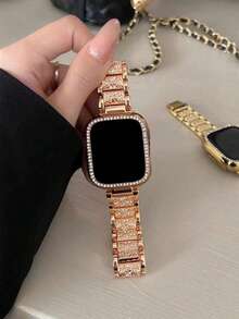 Dây đeo đồng hồ đính đá màu vàng hồng tương thích, phù hợp với đồng hồ thông minh có kích thước 38mm, 40mm, 41mm, 42mm, 44mm, 45mm, 46mm, 49mm. - Hoa hồng vàng - Xem 3