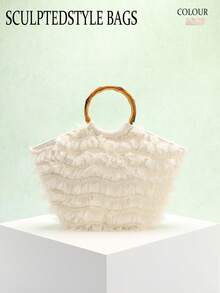 SCULPTEDSTYLE 包包 1 件装 透明网纱荷叶边亚麻拼接手提包，复古竹柄手提包，搭配长裙，散发温柔仙气，适合海滩、旅行、度假 - 米色 - 查看 10