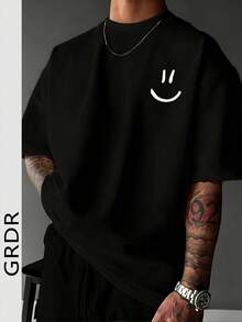 GRDR 男士夏季休閒笑臉趣味元素印花圓領短袖T恤 | 舒適且時尚 - 黑色 - 查看 3
