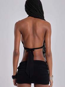 Women's Sexy Neck Strap Low Chest Hollow Back Hip Wrap Short Dress Dress Music Festival Party - 黑色 - 查看 4