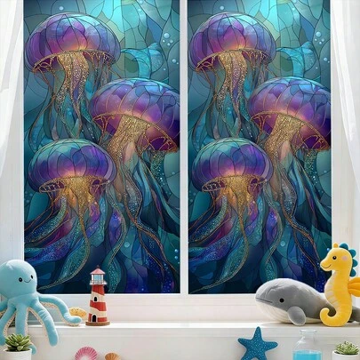 Phim dán cửa sổ mờ 1/4 tấm có họa tiết động vật biển kỳ ảo và khả năng hấp thụ tĩnh điện. Sản phẩm có khả năng chống tia UV, không trong suốt và phù hợp cho phòng tắm, nhà bếp, phòng học và trang trí nhà cửa.