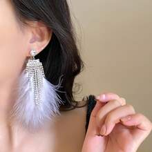 2pcs  Elegant Feather Tassel Earrings - Lightweight Luxurious Fringe Dangle Ear Accessories Suitable For Daily Wear &, Year-Round Feather Earrings - 銀針-銀色 - 查看 4