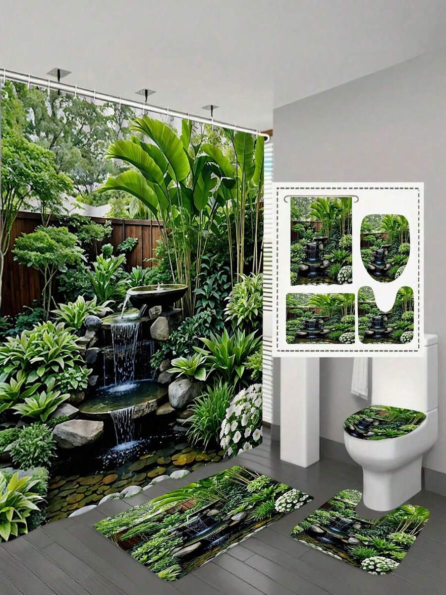 1/3/4 Stück Garten Wasserfall Landschaft Duschvorhang - Aus Polyester, maschinenwaschbar, geeignet für alle Jahreszeiten, umkehrbar, inklusive Haken, ideal für Badezimmer Dekoration | Design | Duschvorhang, Badezimmer Fenstervorhang Set, Heimdekoration, Badezimmer Accessoires