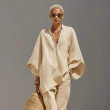 2026 Spring/Summer Fashion Women's Casual Style Bat Sleeve V-Neck Loose-Fit Outfit - Màu Đỏ Sâu - Xem 4