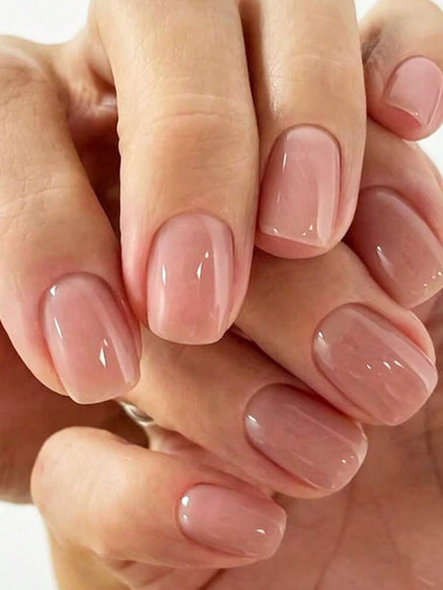 24 miếng dán móng tay gel vuông tái sử dụng, màu hồng nude mùa xuân/hè, móng giả acrylic tròn mịn, dụng cụ làm móng nghệ thuật. - Hồng - Xem 1