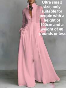 French Retro High-End Style, Stand Up Collar, Lantern Sleeves, Waist Cinching, Large Swing, Long Formal Dress, Commuting Style, Single Breasted Shirt, Summer Dress - 粉紅色 - 查看 10