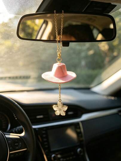 1pc Pink Denim Hat Flower Car Pendant Interior Rearview Mirror Suspension Decoration Women's Interior Decoration Accessories