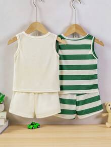 Bhchntiy 4pcs/Set Baby Boy Summer New Striped & Palm Tree Print Waffle Knit Vest + Pants Casual Fashion Outfit - Green - View 2