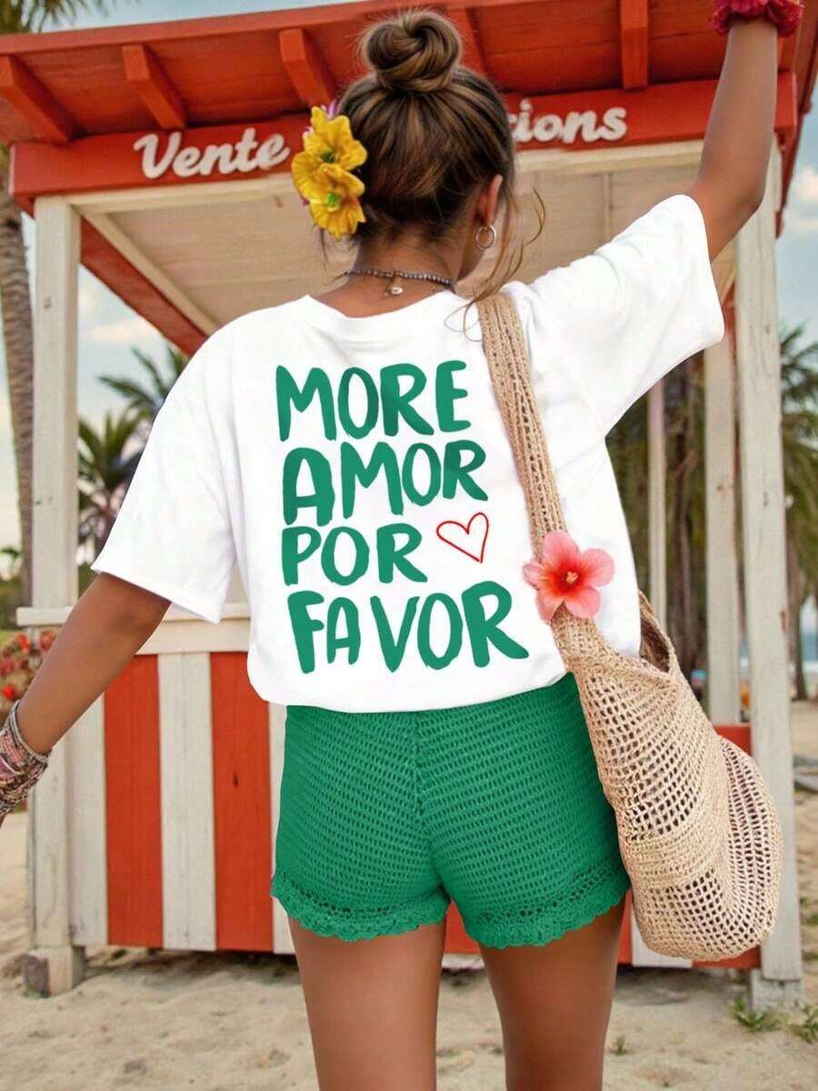 Camiseta informal de manga corta y cuello redondo para mujer con estampado "More Amor Por Favor", bonita blusa de playa veraniega en color blanco. - bai1 - Ver 1