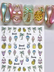 1pc 5D Jelly Sunny Beach Summer Nail Stickers Embossed Pearly Luster Vacation Style Shiny Pineapple Coconut Palm Tree Ice Cream Drink Sea Nail Art Decals DIY Wedding Nail Charms Decoration Party/Holiday Nail Supplies - Multicolor - View 1